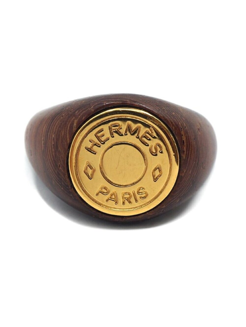 Hermes Sellier Wood Ring Brown Gold Metal